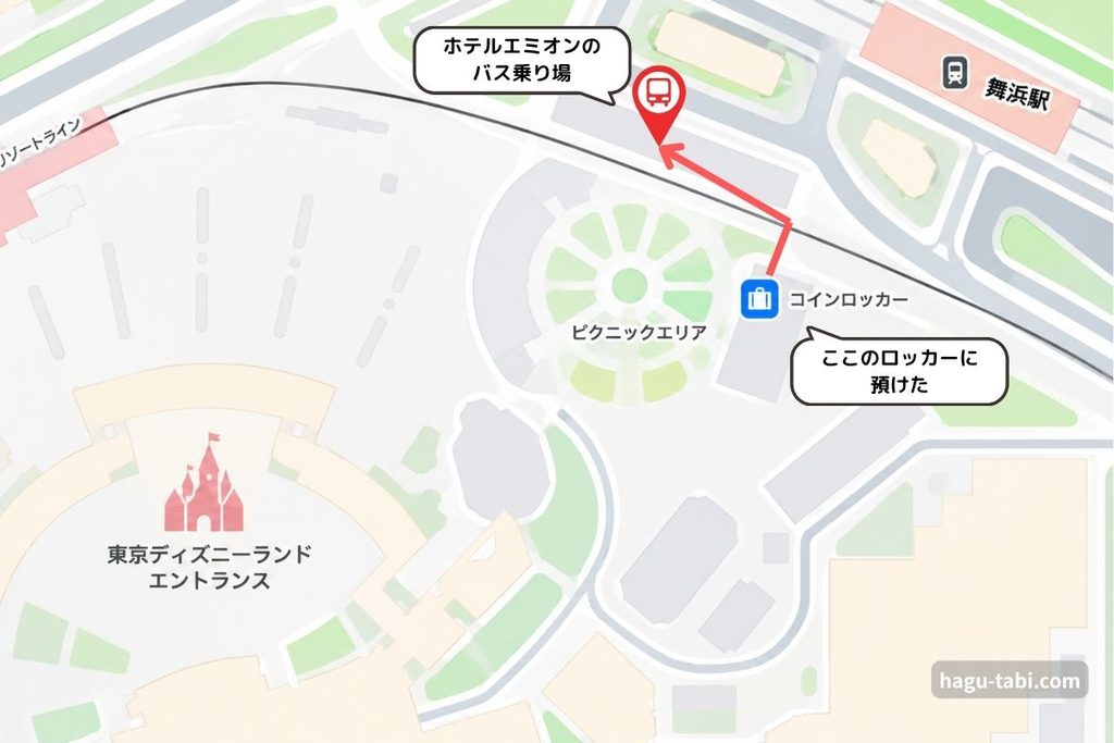 ディズニーランドからホテル エミオン東京ベイの無料シャトルバス乗り場までの位置