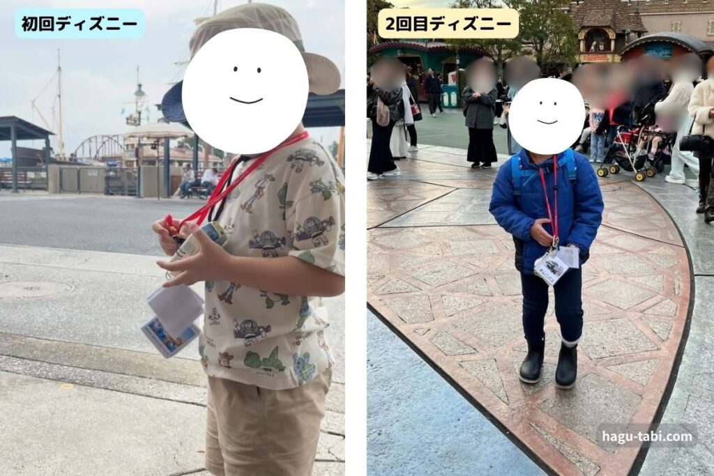 初回と2回目のディズニーで絵カードを首から下げているASDの子ども