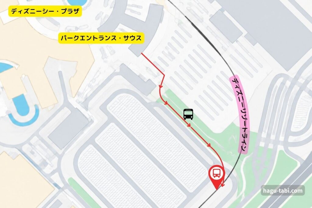 東京ディズニーシーのエントランスからコンフォートスイーツ東京ベイのシャトルバス乗り場までの位置関係